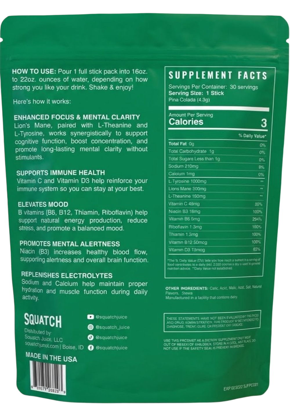 Squatch Juice Enhance Focus - Pina Colada - 30 Sticks