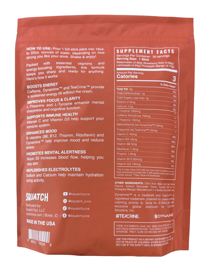 Squatch Juice Energy + Focus - 30 Sticks - Pineapple/Mango, Watermelon, Lemonade, Strawberry/Kiwi