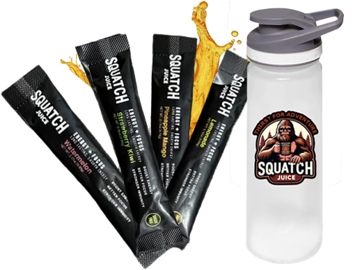 Squatch Juice Energy Sampler with Shaker 4 Flavors - Pineapple/Mango, Watermelon, Lemonade, Strawberry/Kiwi