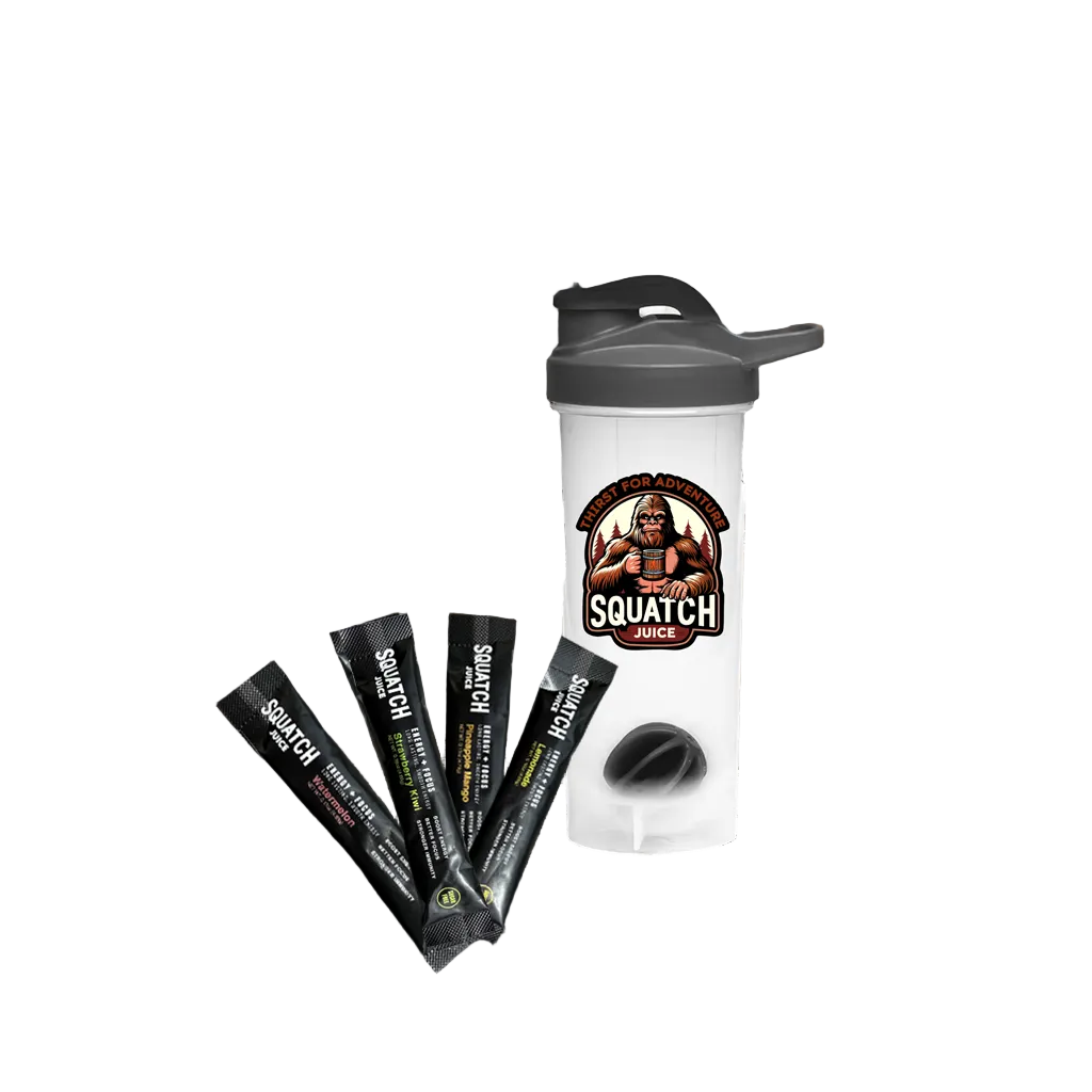 Squatch Juice Energy Sampler with Shaker 4 Flavors - Pineapple/Mango, Watermelon, Lemonade, Strawberry/Kiwi