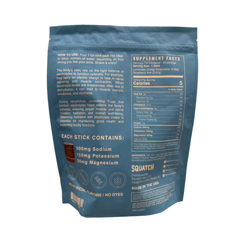 Squatch Juice Hydration - 30 Sticks - Pineapple/Mango, Watermelon, Lemonade, Strawberry/Kiwi