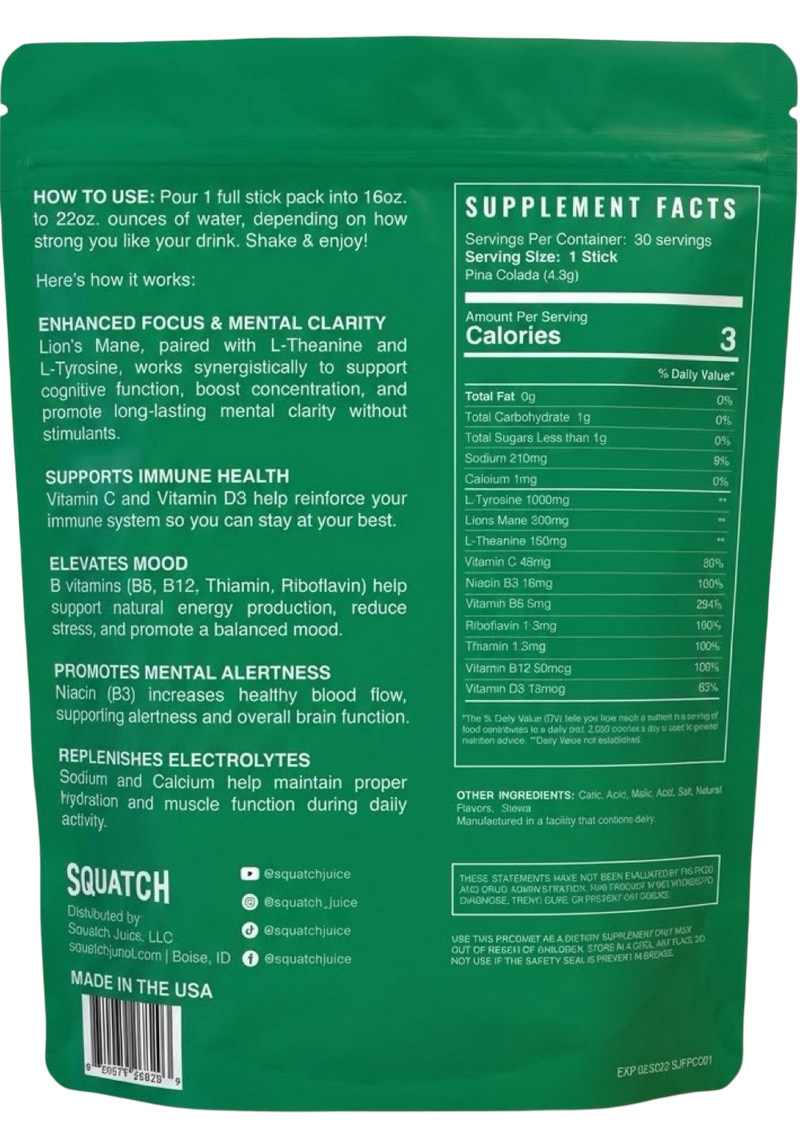 Squatch Juice Enhanced Focus - Pina Colada - 30 Sticks