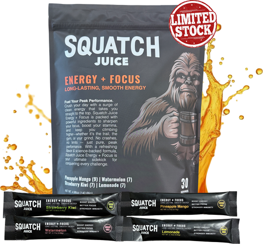 Squatch Juice Energy + Focus - 30 Sticks - Pineapple/Mango, Watermelon, Lemonade, Strawberry/Kiwi