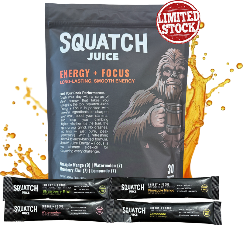 Squatch Juice Energy + Focus - 30 Sticks - Pineapple/Mango, Watermelon, Lemonade, Strawberry/Kiwi
