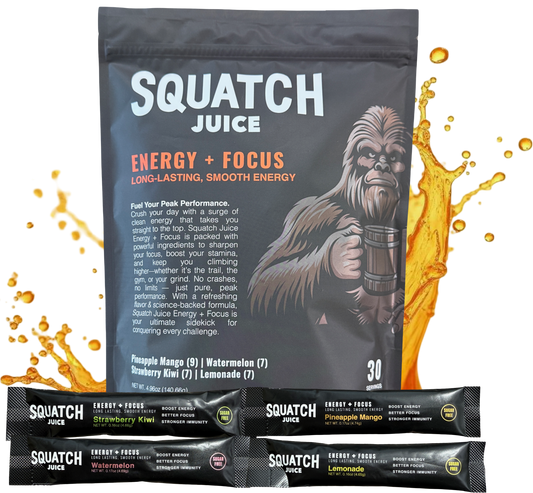 Squatch Juice Energy + Focus - 30 Sticks - Pineapple/Mango, Watermelon, Lemonade, Strawberry/Kiwi