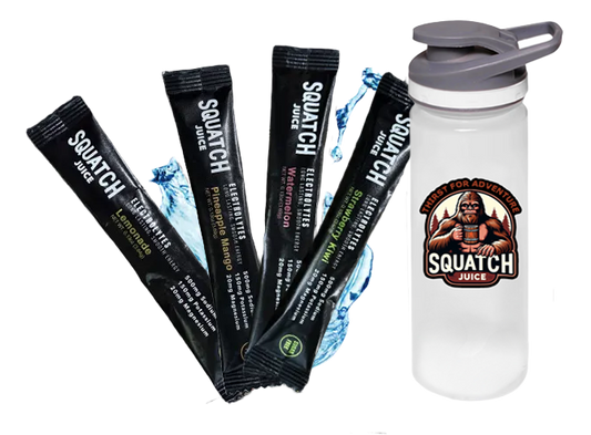 Squatch Juice Hydration Sampler with Shaker 4 Flavors - Pineapple/Mango, Watermelon, Lemonade, Strawberry/Kiwi