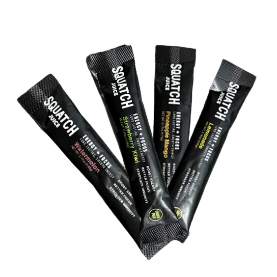Squatch Juice Energy Sampler 4 Flavors - Pineapple/Mango, Watermelon, Lemonade, Strawberry/Kiwi