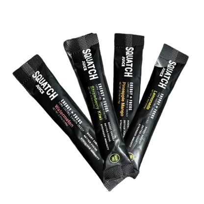 Squatch Juice Energy Sampler 4 Flavors - Pineapple/Mango, Watermelon, Lemonade, Strawberry/Kiwi
