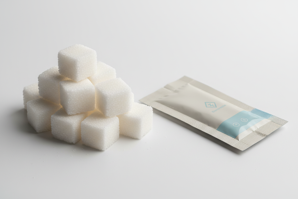 pile of sugar cubes next to a generic hydration packet